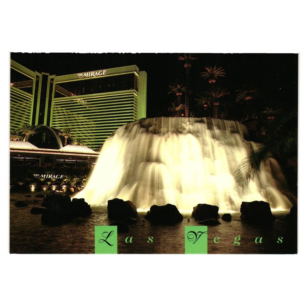 Vintage Postcard Mirage Waterfall Evening Lights Hotel Casino Las Vegas Nevada V